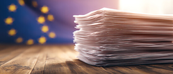 Stack of documents on a wooden table with a blurred European Union flag in the background, symbolizing bureaucracy or EU legislative paperwork