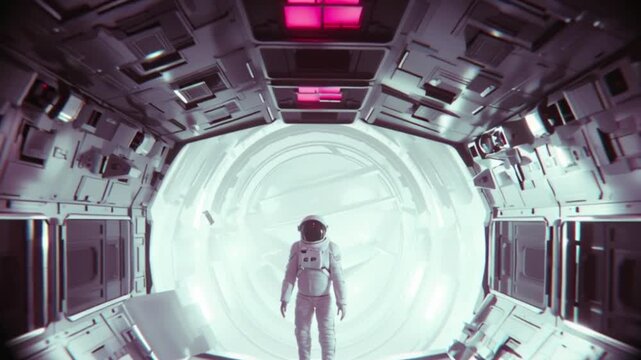 Astronaut standing inside a futuristic spaceship corridor looking through a massive illuminated window into empty space, cinematic 3D sci fi animation, deep space exploration, mystery, and cosmic disc
