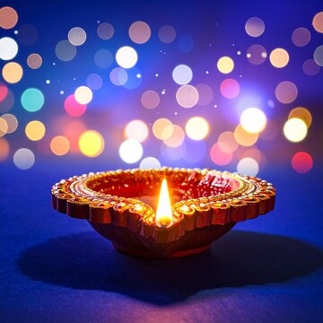 Indian festival happy diwali oil lamp or diya on blue bokeh background
