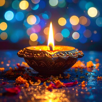 Indian festival happy diwali oil lamp or diya on blue bokeh background