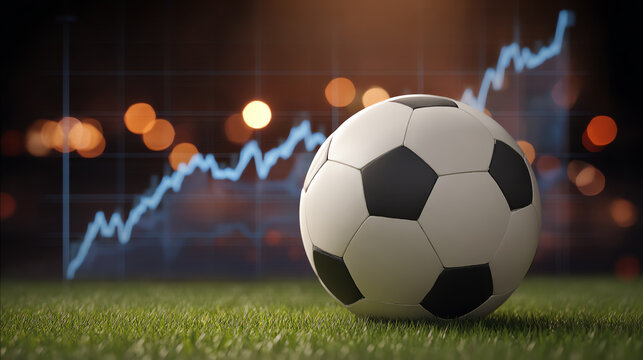 Soccer ball on grass with a rising financial graph in the background, symbolizing growth, sports analytics, and the economic impact of soccer