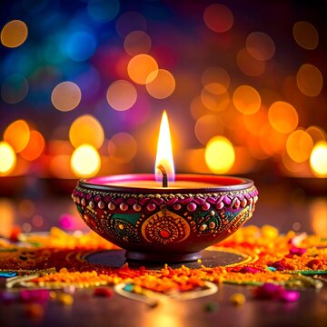 Indian festival happy diwali oil lamp or diya on bokeh background