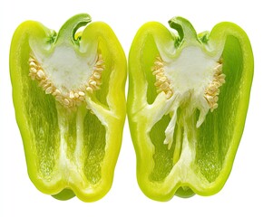 Two halves of a green bell pepper, sliced lengthwise, showing interior seeds