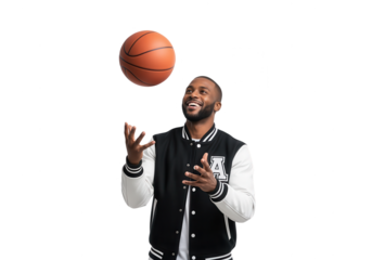 Happy African American Man Tossing Basketball on White Background