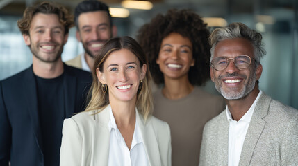 Fototapeta premium Group of five diverse professionals smiling in an office setting for a company portrait