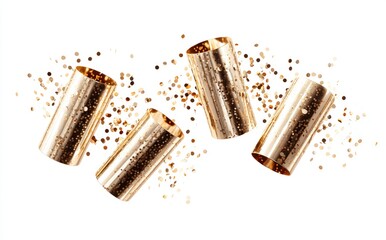 Gold cylinders float amidst glittering confetti