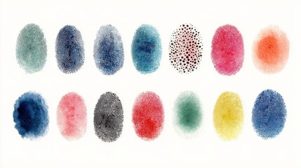 Colorful collection of human fingerprints on white background
