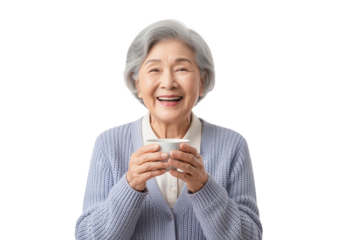 Happy Senior Asian Woman Holding Cup on White