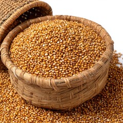 Golden seeds in woven bowl
