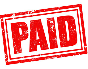 red &ldquo;PAID&rdquo; stamp in bold capital letters with distressed ink texture on a white paper