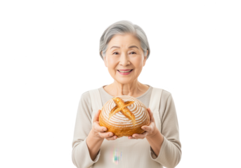 Smiling Senior Woman Holding Homemade Bread on White
