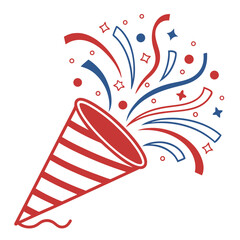 Red and white striped party popper exploding with blue and red confetti and streamers.