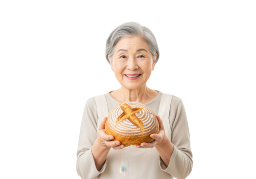 Smiling Senior Woman Holding Homemade Bread on White