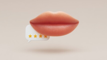 Human mouth with three star rating review icon on light background