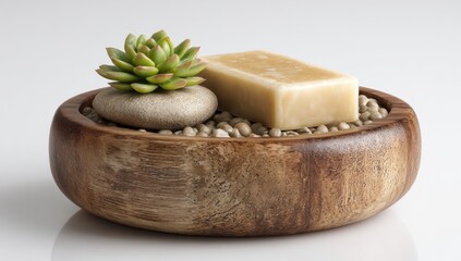 Wooden bowl, succulent, and bar of soap