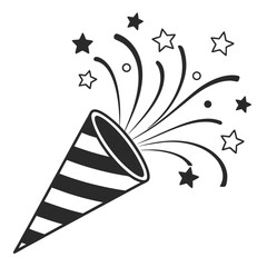 Simple black and white graphic of fireworks and stars.