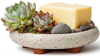Succulents, soap, & stone bowl