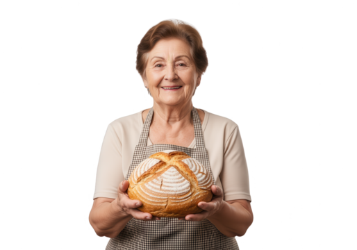 Senior Woman Holding Freshly Baked Bread Loaf, Smiling