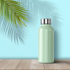 Light mint-green bottle on light wood with palm leaf shadows