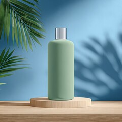 Light-green bottle on wooden podium, tropical leaves