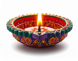 Happy diwali traditional colourfully oil lamp or diya on white background