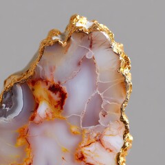 Detailed close-up of a golden-edged,  multicolored agate slice