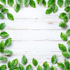 Fresh green leaves frame a white wooden background