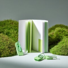 Open notebook, mint green clips, moss backdrop
