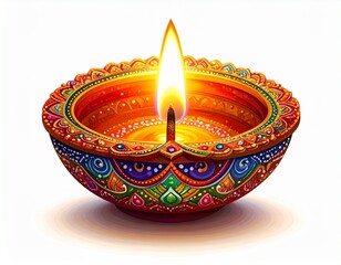 Happy diwali traditional colourfully oil lamp or diya on white background