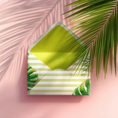 Open lime green envelope with tropical leaf pattern on a pastel pink surface,  sunlight shadows
