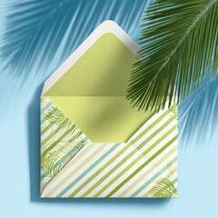 Open envelope, light green/mint stripes, palm leaves
