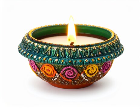 Happy diwali traditional colourfully oil lamp or diya on white background