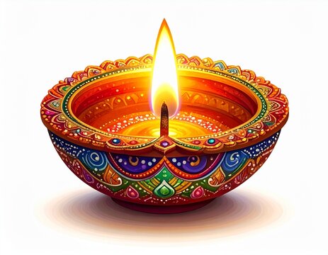 Happy diwali traditional colourfully oil lamp or diya on white background