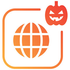 Flat gradient style globe icon with Halloween pumpkin accent, perfect for spooky seasonal UI design