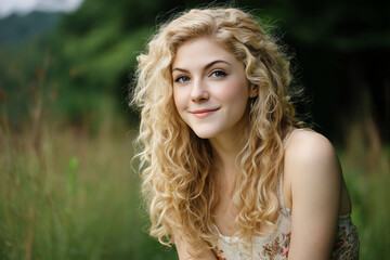 Fototapeta premium Young woman with curly blonde hair smiles softly outdoors, surrounded by lush greenery and natural light, conveying a serene and peaceful mood
