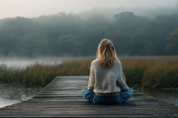 A woman sits cross-legged on a wooden dock overlooking a misty lake surrounded by tall grass and forested hills in a serene, foggy morning atmosphere