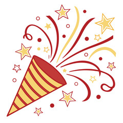 A festive party popper exploding with colorful confetti and stars.