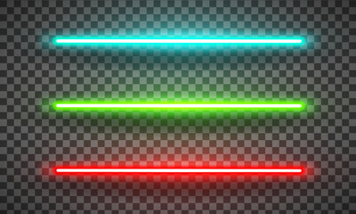 Realistic led neon tube light pack isolated on transparent background. Cyan, green and red light. Vector illustration