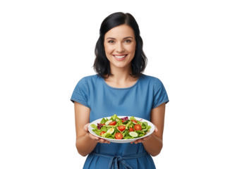 Healthy Young Woman Holding Fresh Salad on White Background