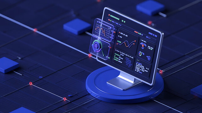 Modern futuristic monitor displaying data charts and graphs for digital business insights and strategy