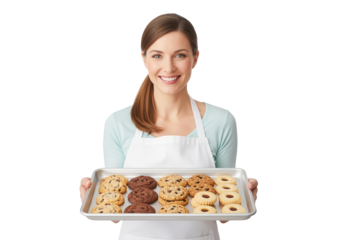 Woman Holding Tray of Assorted Cookies on White Background