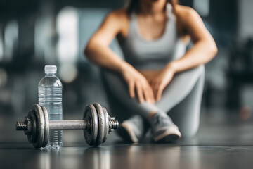 A person in workout attire sits blurred in the background, with a dumbbell and water bottle in sharp focus on the gym floor in the foreground