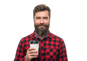 Bearded Man Enjoying Coffee on White Background