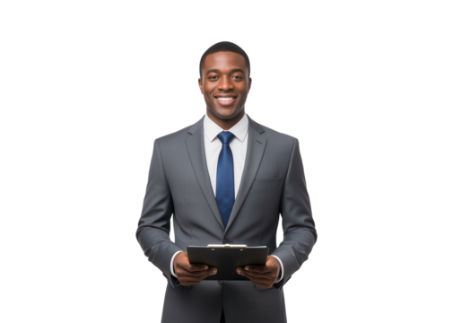 Confident Businessman Holding Clipboard Smiling on White Background