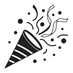 Monochrome party popper icon with exploding confetti and streamers.