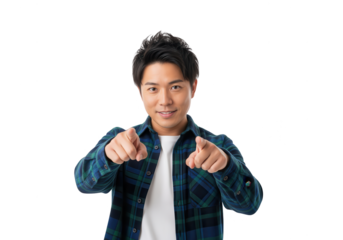 Smiling Asian Man Pointing Fingers at the Viewer