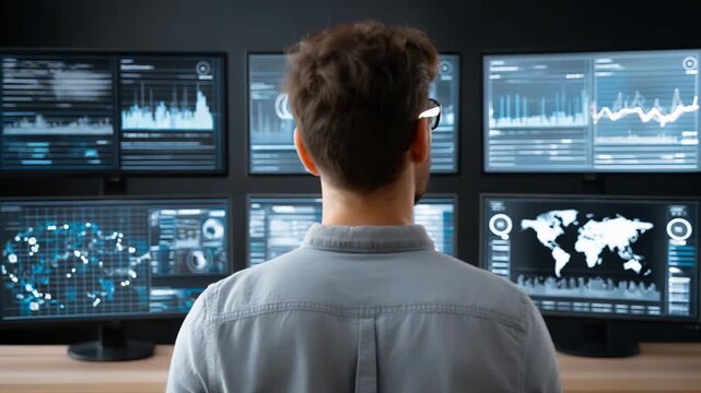 A man is looking at a computer monitor with a lot of information on it. Faceless data analyst observing multiple screens showing fairness, transparency, and safety graphs, governance ethics
