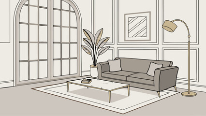 Elegant living room interior with sofa and coffee table.