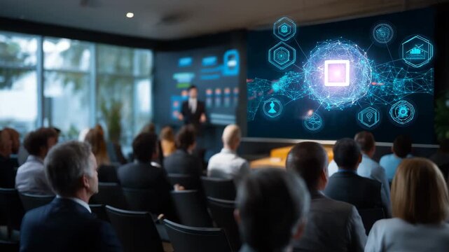 A large group of people are gathered in a room, attentively watching a computer screen. Corporate training session with glowing AI ethics and governance icons on presentation screen