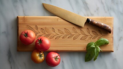 Tomatoes and basil on a cutting board with a knife